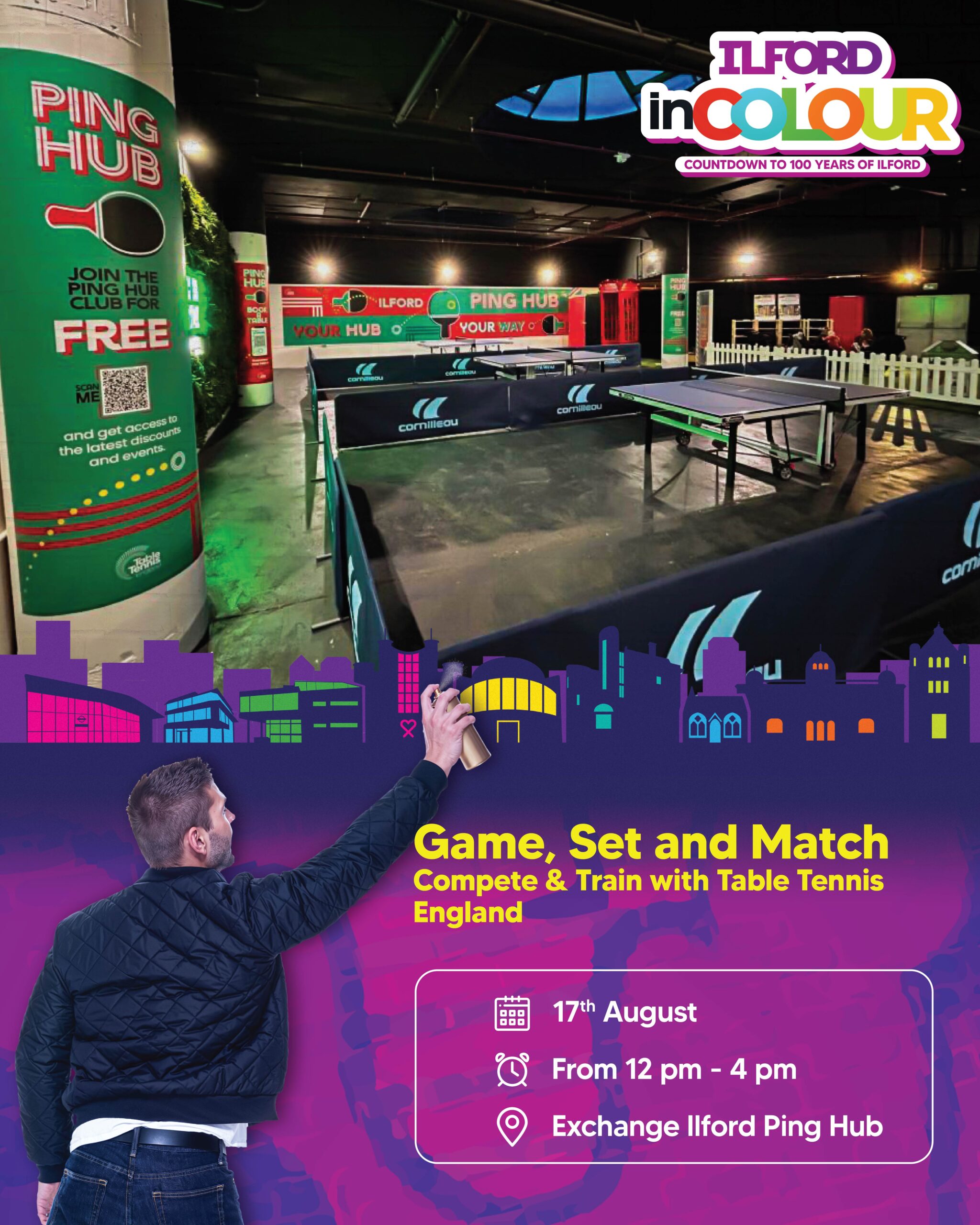 "People playing and training at the Exchange Ilford Ping Hub with Table Tennis England, 17 August, 12–4 pm.